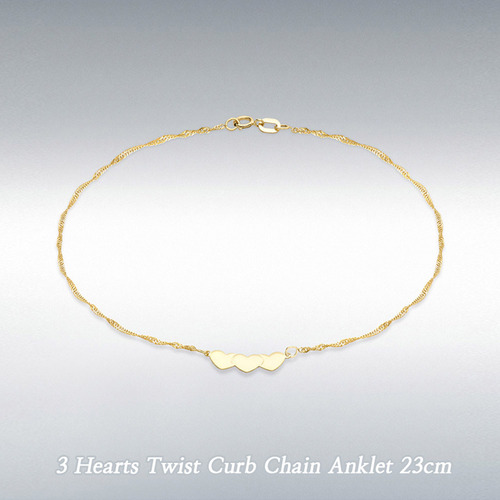 런던골드 9ct Gold 발찌 3 Hearts TwistCurb Chain