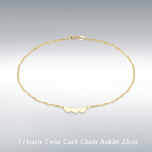 런던골드 9ct Gold 발찌 3 Hearts TwistCurb Chain